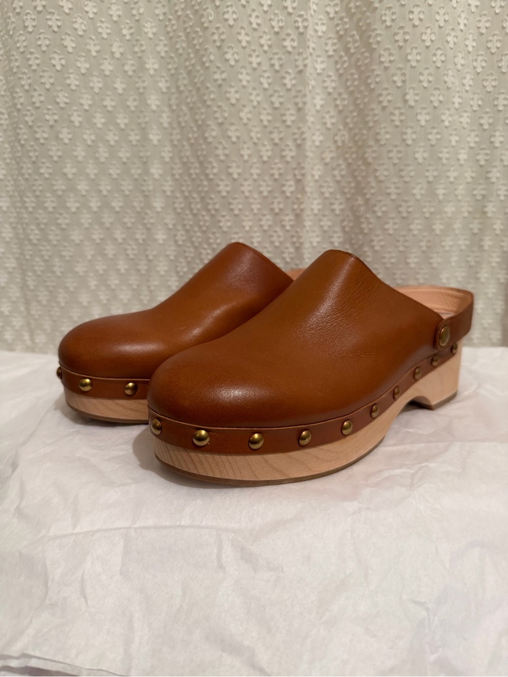 Never worn J. Crew Cognac Leather Studded Clog Mules